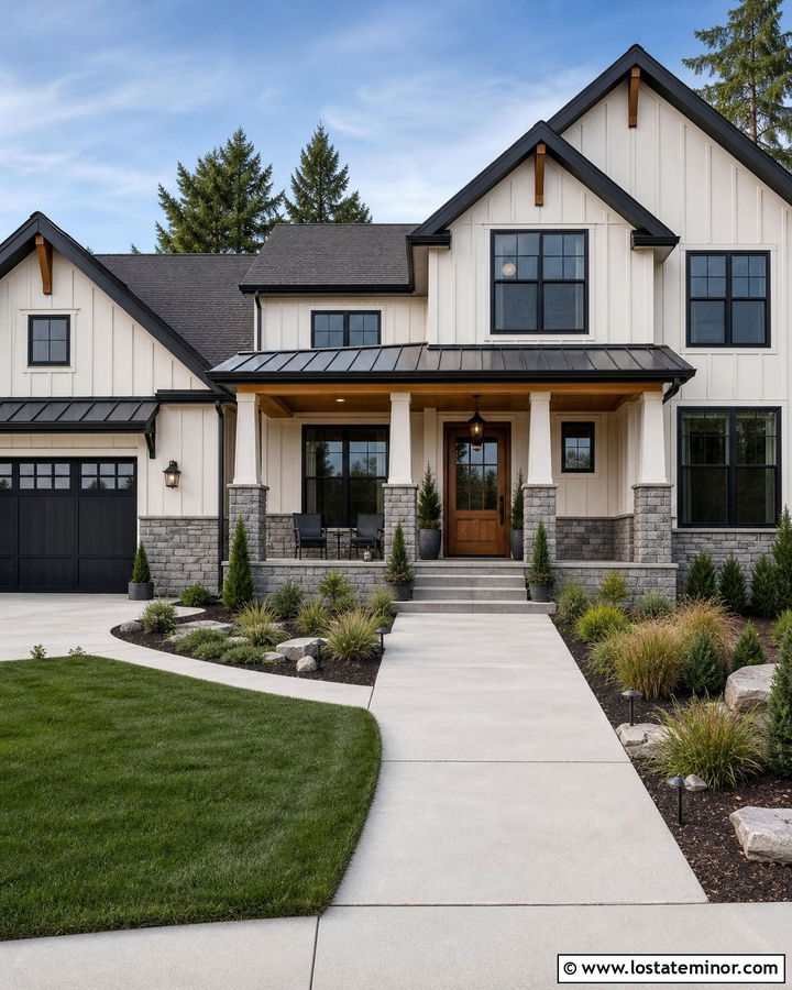 White Modern Farmhouse With Gray Stone Wainscoting - 30 White House Design With Wainscoting Ideas