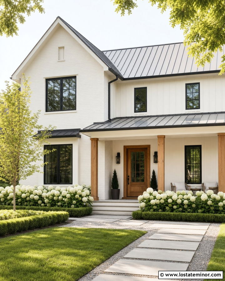 White Modern Farmhouse With Hydrangea Beds - 30 White House Design With Front Yard Ideas