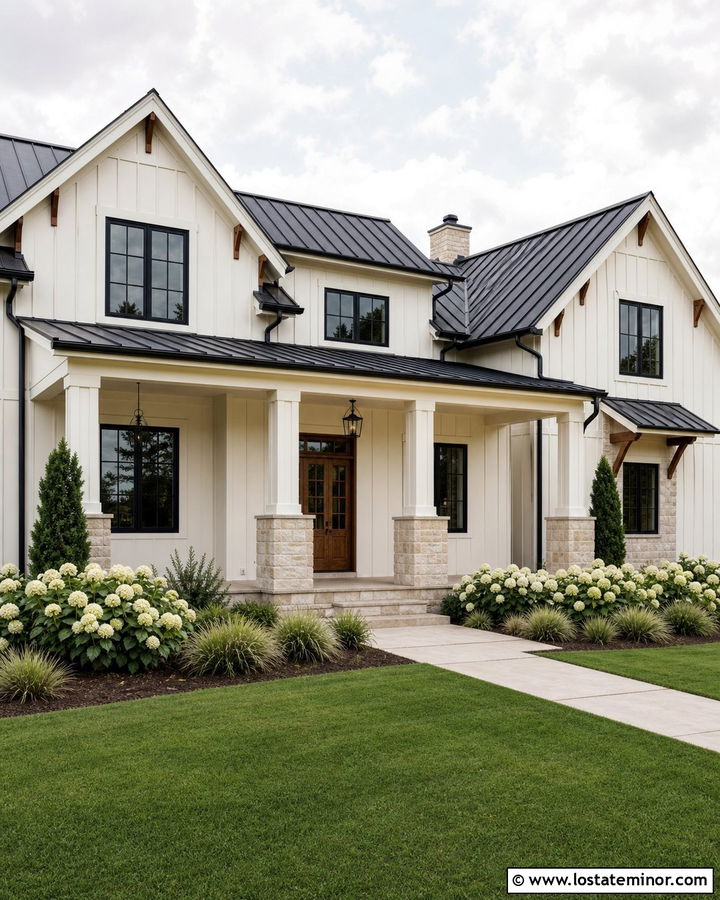 White Modern Farmhouse With Limestone Porch - 30 White House Design With Stone Accents Ideas