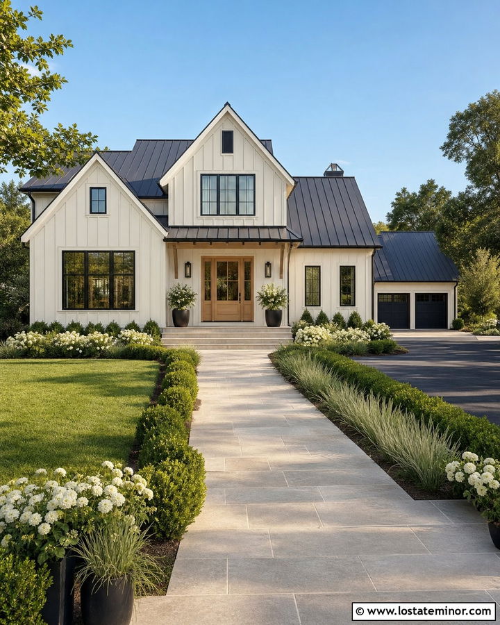 White Modern Farmhouse With Limestone Walkway - 30 White House Design With Walkway Ideas