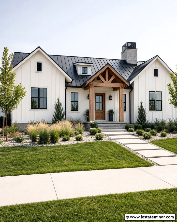 White Modern Farmhouse With Timber Portico - 30 White House Design With Portico Ideas