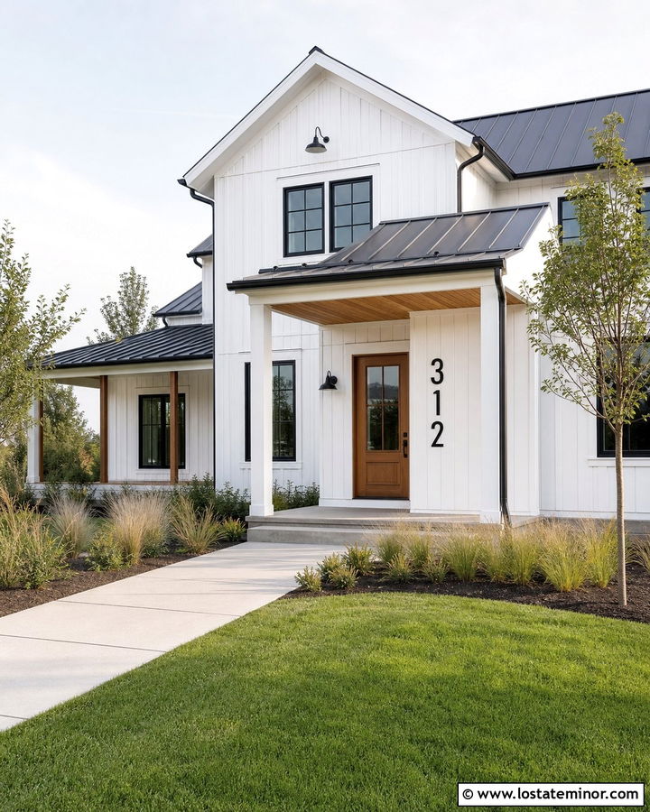 White Modern Farmhouse With Vertical Black House Numbers - 30 White House Design With House Numbers Ideas