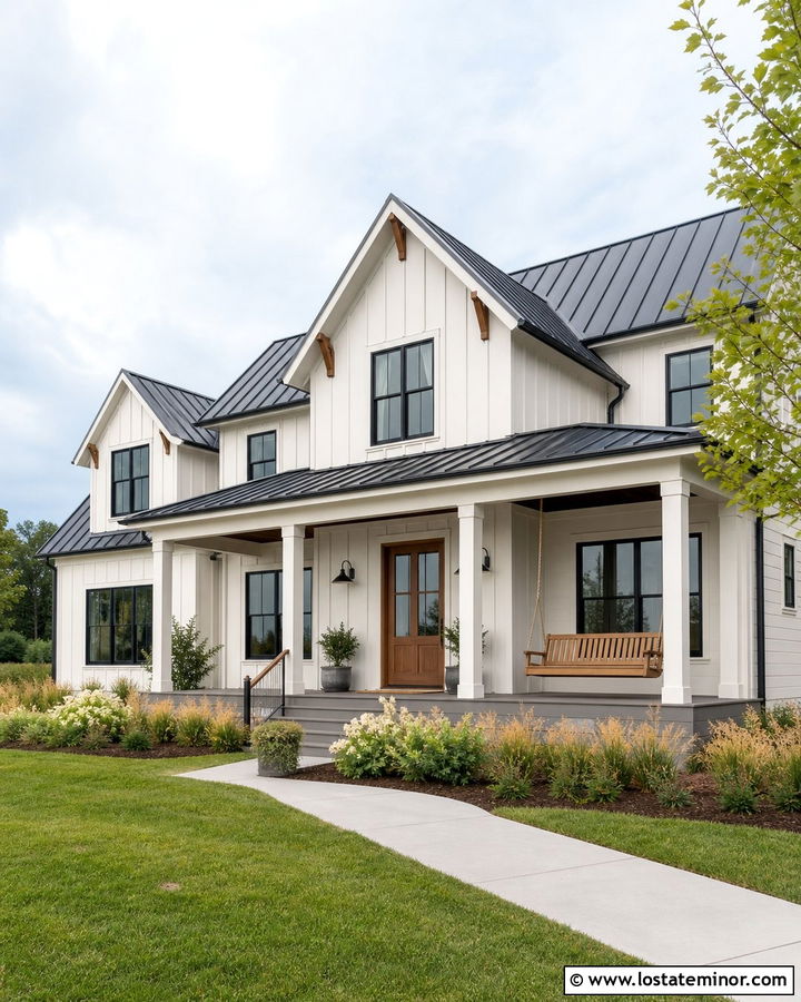 White Modern Farmhouse With Wood Porch Swing - 30 White House Design With Swing Ideas