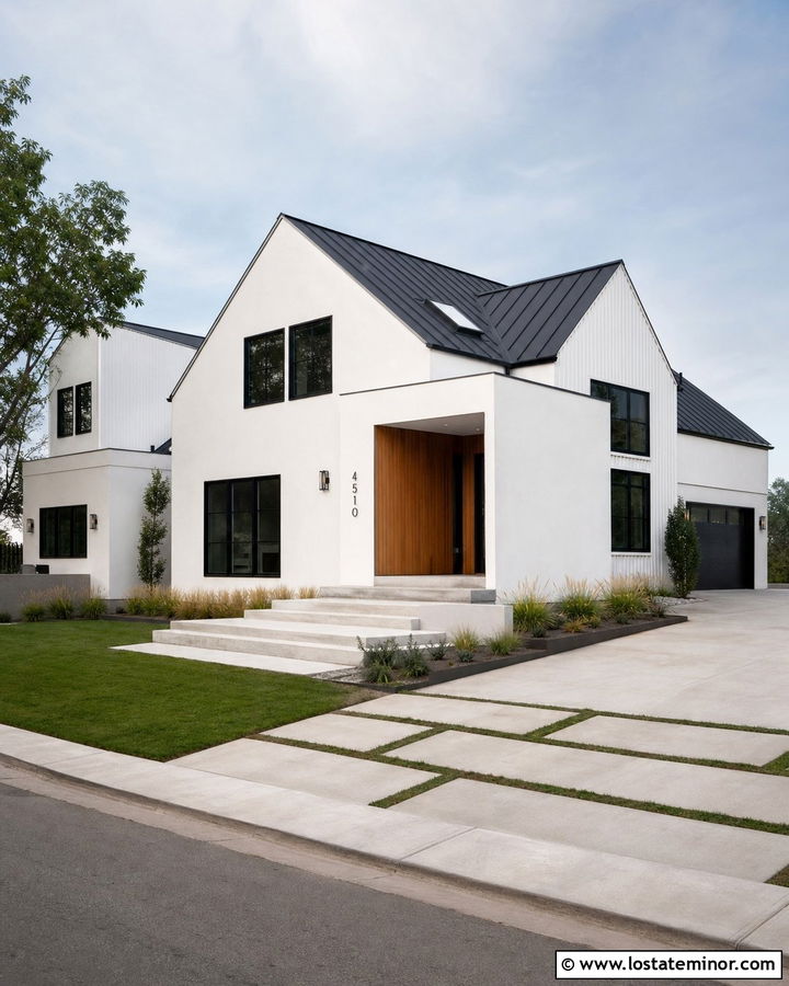 White Modern House With Asymmetrical Gables - 30 White House Design With Gables Ideas