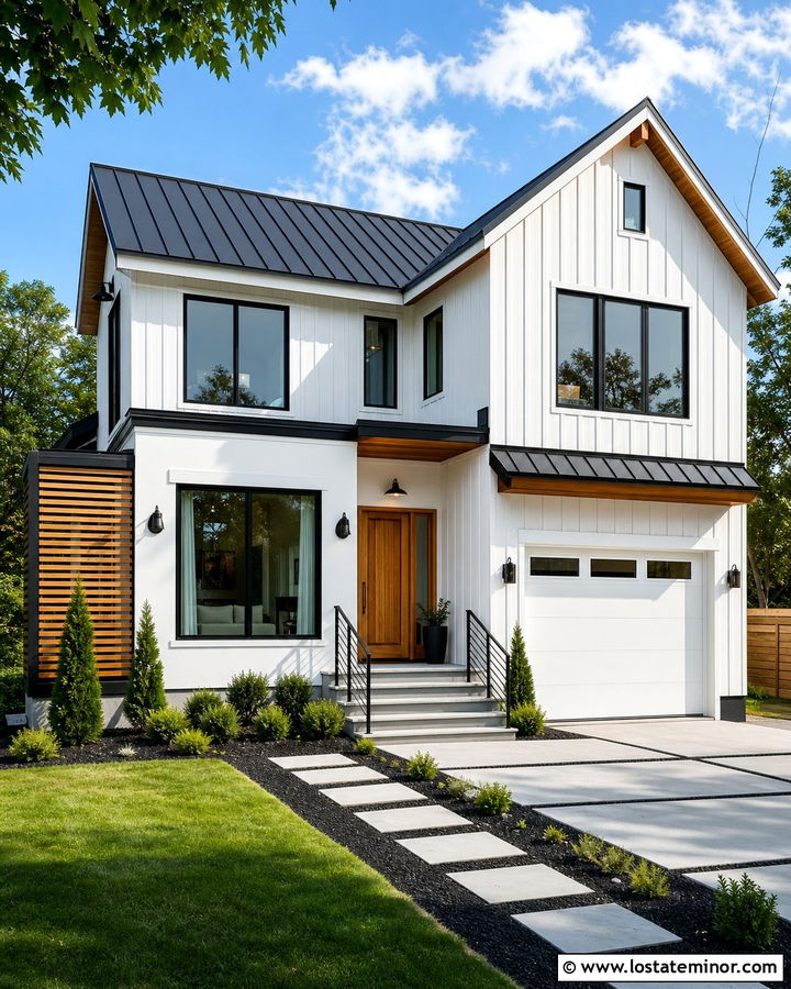 White Modern House With Black Frames And Black Roof - 30 White House Design With Window Frames Ideas