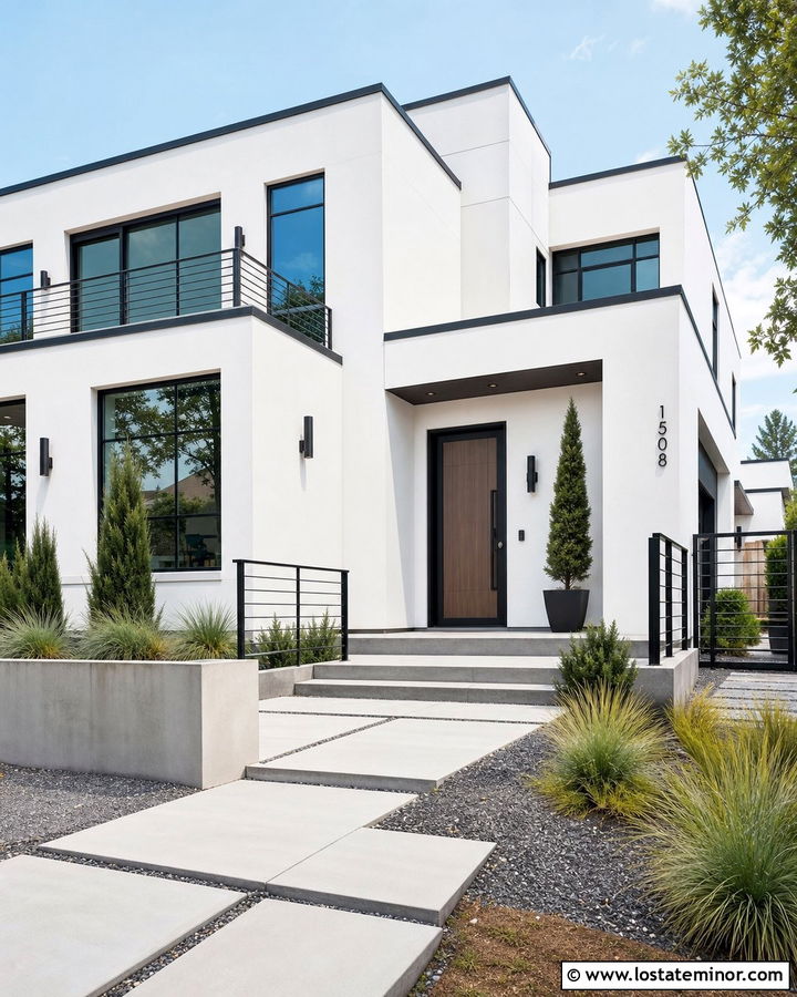 White Modern House With Black Retractable Screen Storm Door - 30 White House Design With Storm Door Ideas
