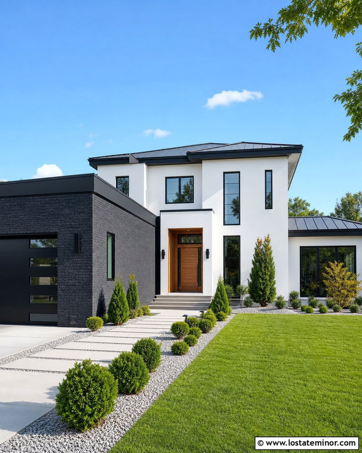 White Modern House With Charcoal Brick - 30 White House Design With Brick Accents Ideas