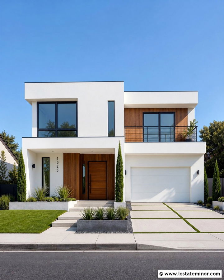 White Modern House With Concrete Strip Driveway - 30 White House Design With Driveway Ideas