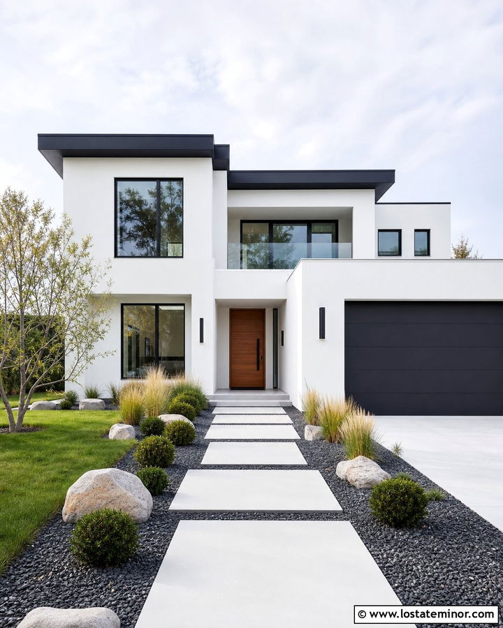 White Modern House With Floating Concrete Walkway - 30 White House Design With Walkway Ideas