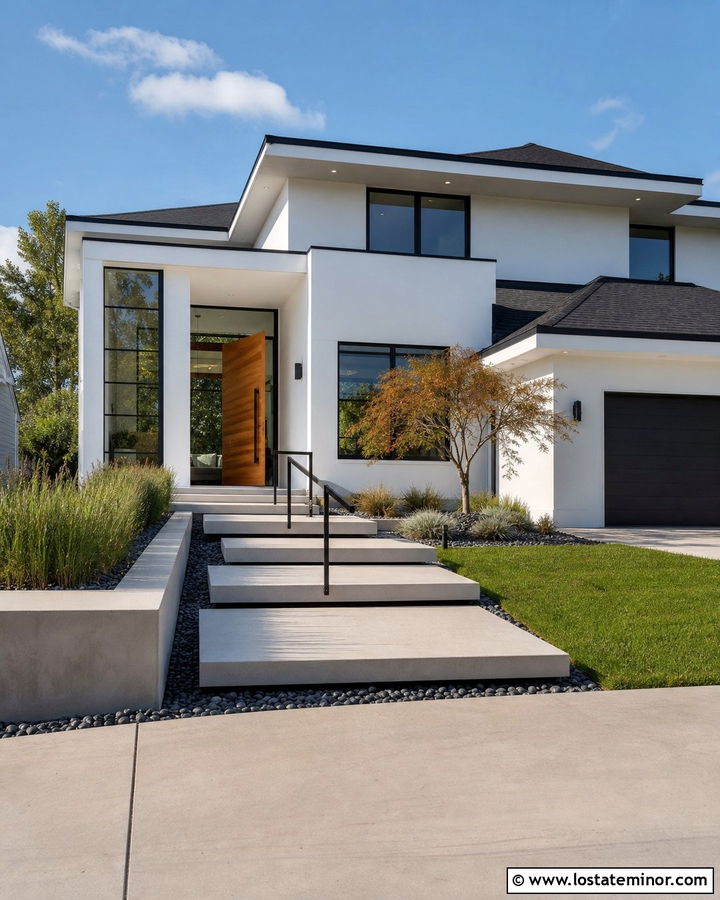 White Modern House With Floating Steps - 30 White House Design With Steps Ideas