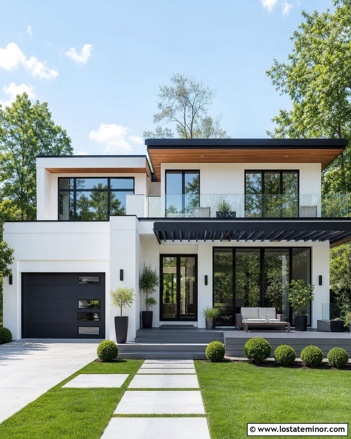 White Modern House With Gray Composite Deck - 30 White House Design With Deck Ideas