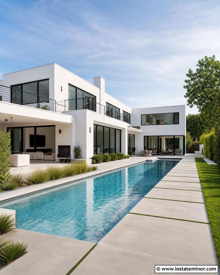 White Modern House With Rectangular Swimming Pool - 30 White House Design With Swimming Pool Ideas