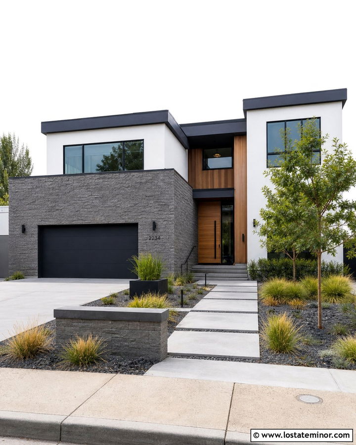 White Modern House With Stone And Wood Accents - 30 White House Design With Stone Accents Ideas