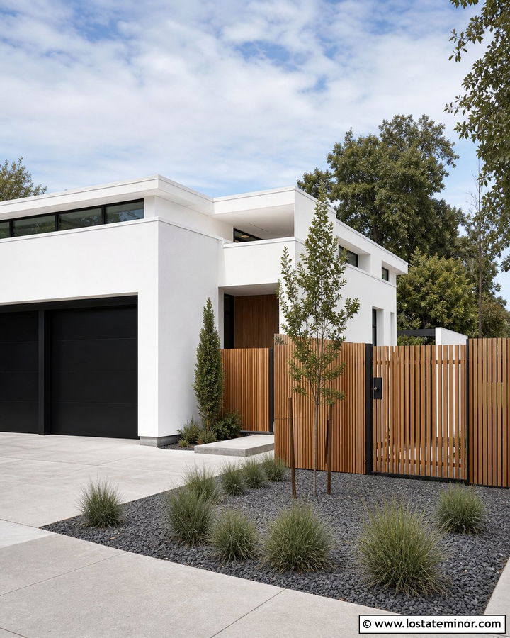 White Modern House With Vertical Cedar Fence - 30 White House Design With Fence Ideas