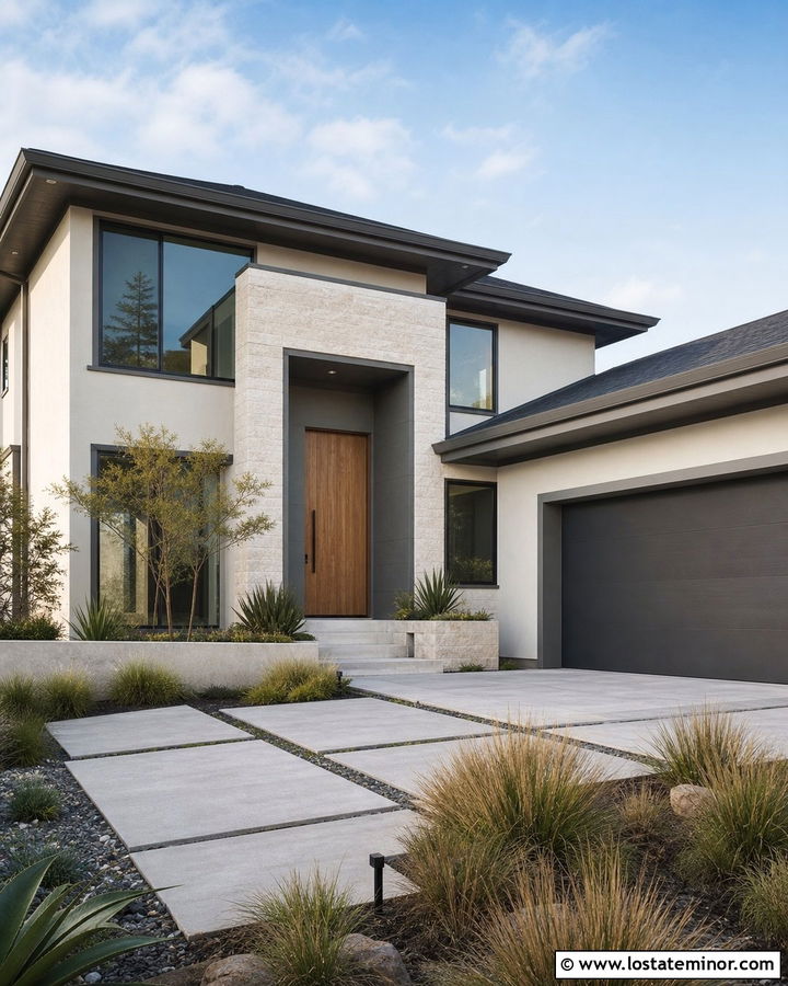 White Modern House With Warm Gray Trim - 30 White House Design With Trim Ideas