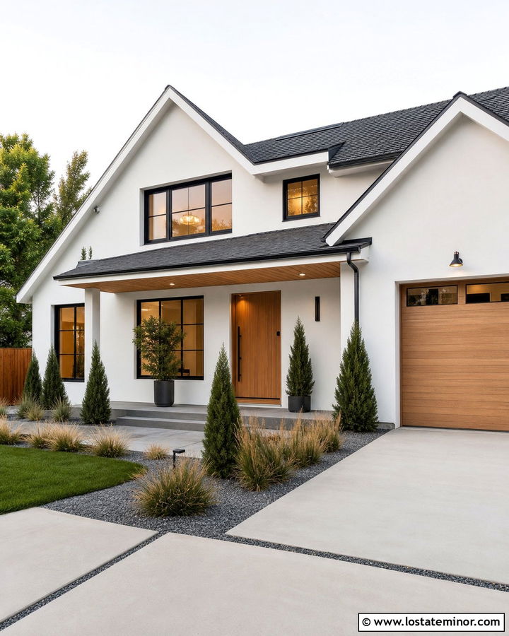 White Modern House With Wood Slat Porch Ceiling - 30 White House Design With Porch Ceiling Ideas
