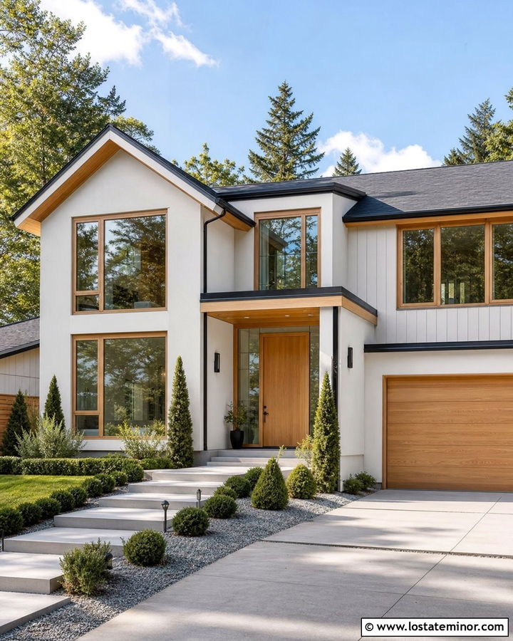 White Modern House With Wood Window Frames - 30 White House Design With Window Frames Ideas