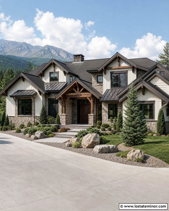 White Mountain House With Dark Roof And Stone - 30 White House Design With Roof Ideas