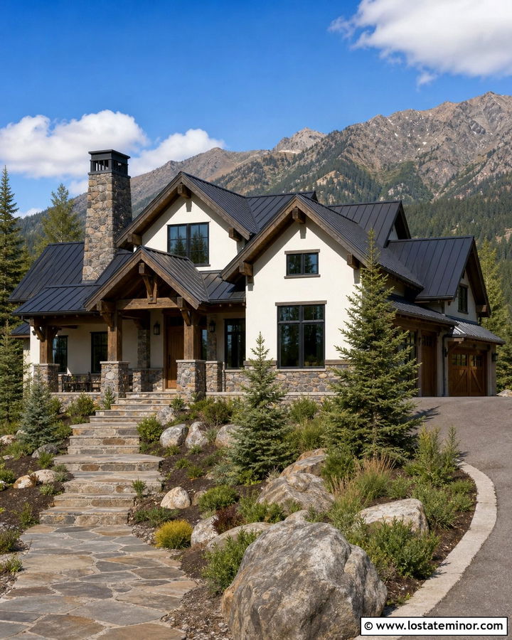 White Mountain House With Rustic Stone - 30 White House Design With Stone Accents Ideas