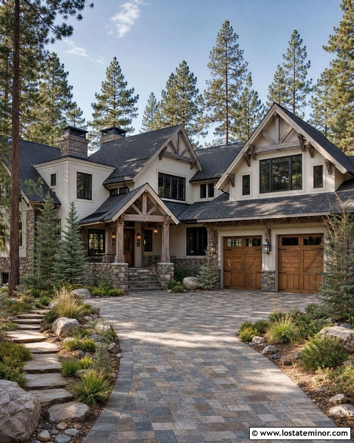White Mountain House With Stone Paver Driveway - 30 White House Design With Driveway Ideas