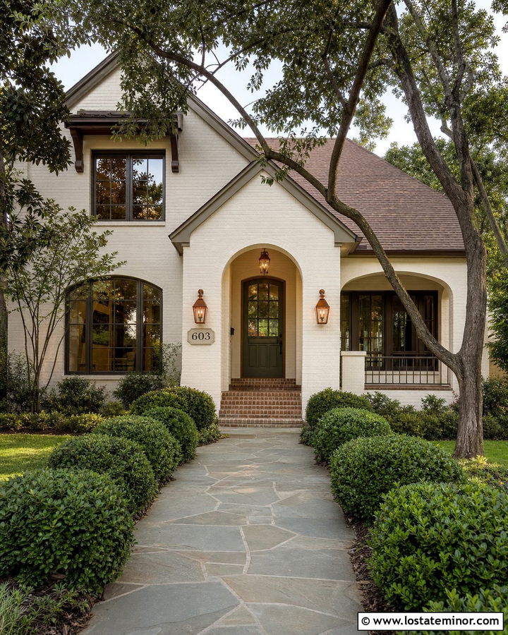 White Painted Brick House With Arched Number Plaque - 30 White House Design With House Numbers Ideas