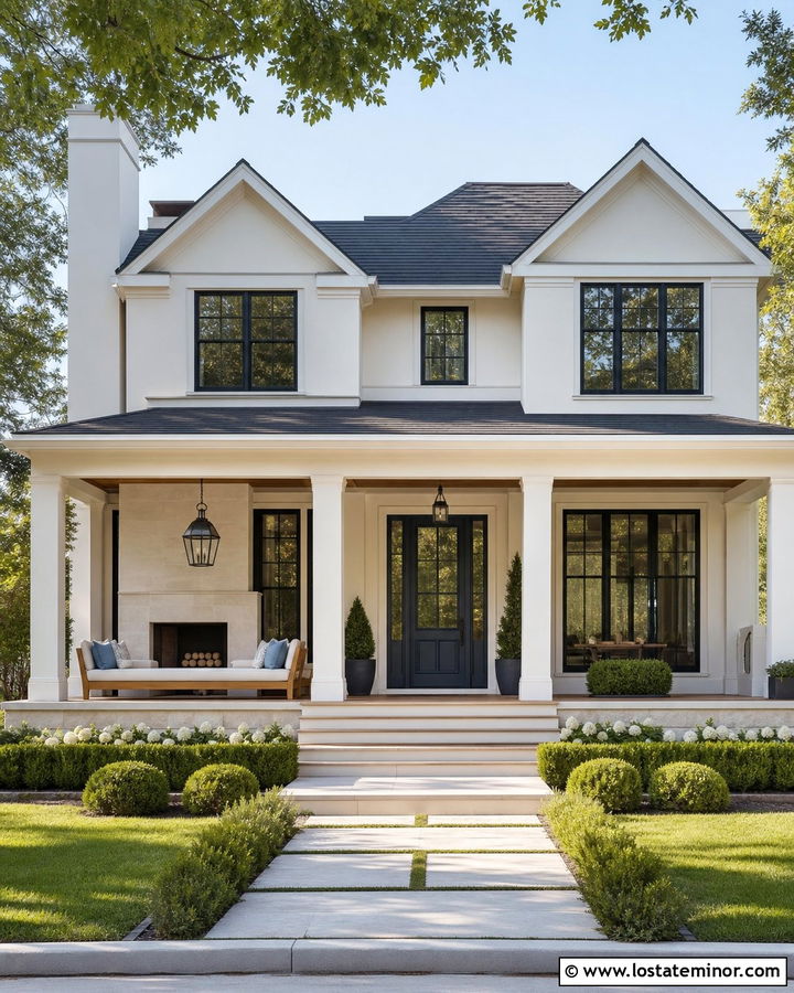 White Porch With Daybed And Fireplace - 30 White House Design With Daybed Ideas