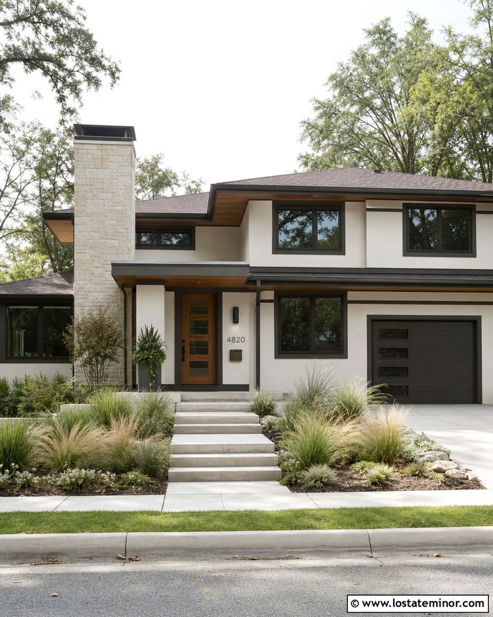 White Prairie House With Bronze And Wood Trim - 30 White House Design With Trim Ideas