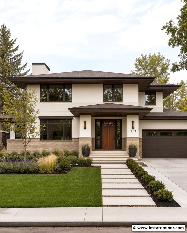 White Prairie House With Buff Brick Wainscoting - 30 White House Design With Wainscoting Ideas