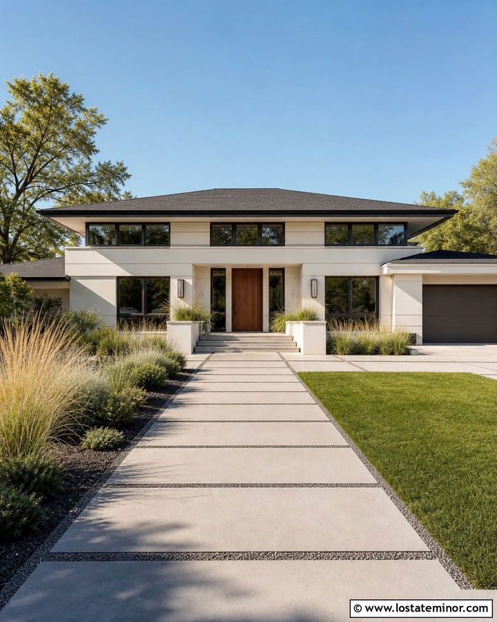 White Prairie House With Geometric Paver Walkway - 30 White House Design With Walkway Ideas