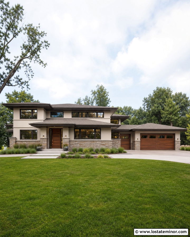 White Prairie House With Horizontal Stone - 30 White House Design With Stone Accents Ideas