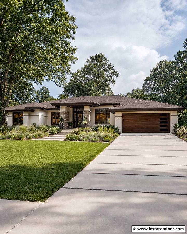 White Prairie House With Linear Concrete Driveway - 30 White House Design With Driveway Ideas
