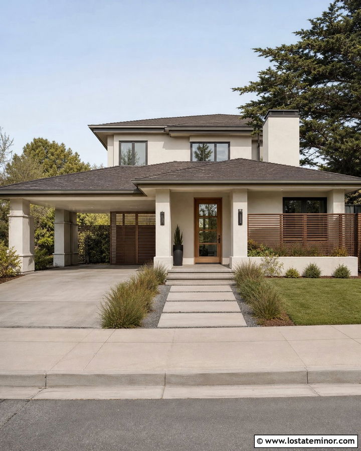 White Prairie House With Low Hip Carport - 30 White House Design With Carport Ideas