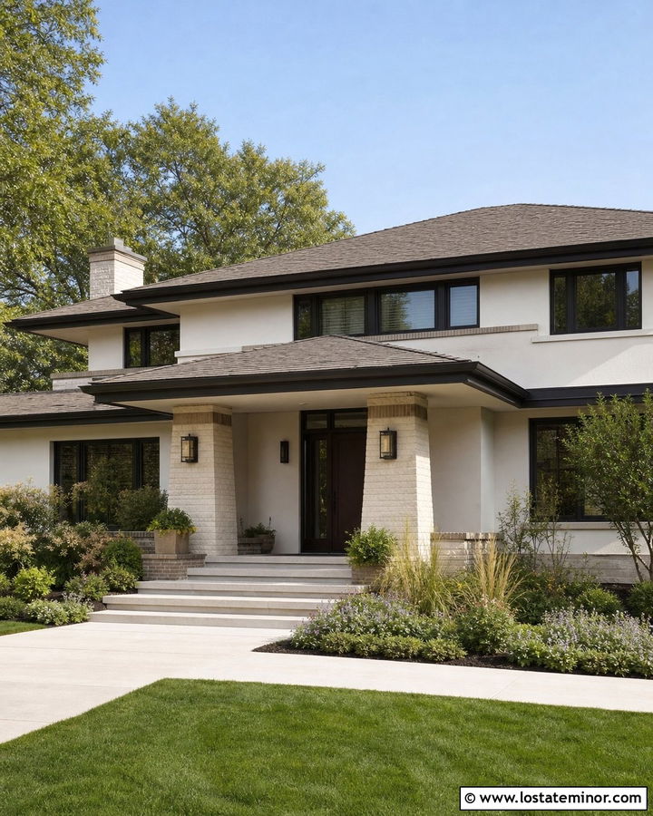 White Prairie House With Low Profile Portico - 30 White House Design With Portico Ideas