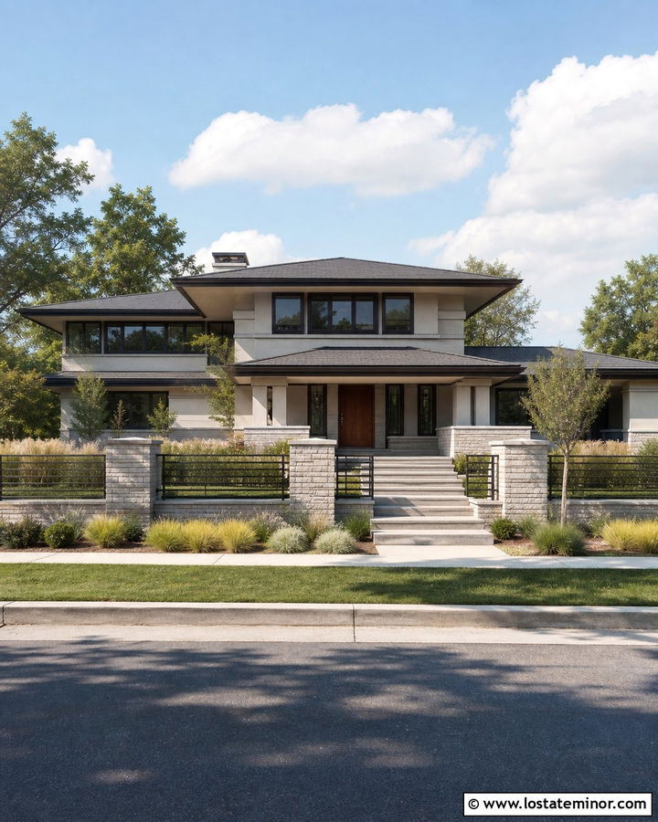 White Prairie House With Stone Pillar Fence - 30 White House Design With Fence Ideas