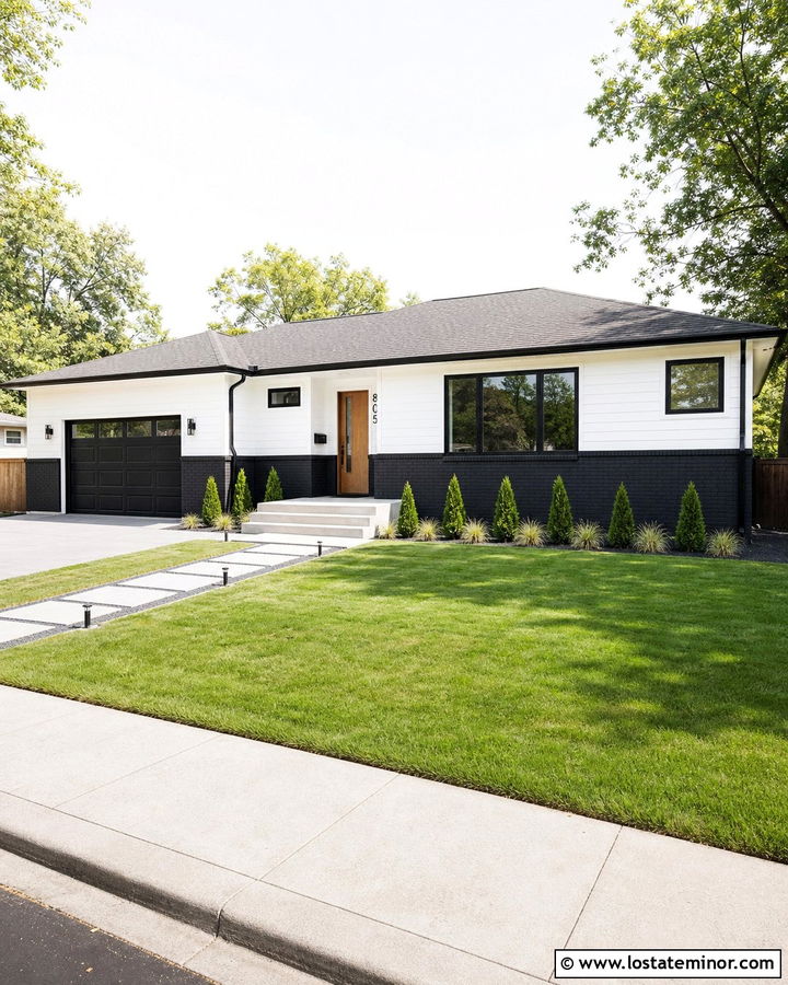 White Ranch House With Black Brick Wainscoting - 30 White House Design With Wainscoting Ideas