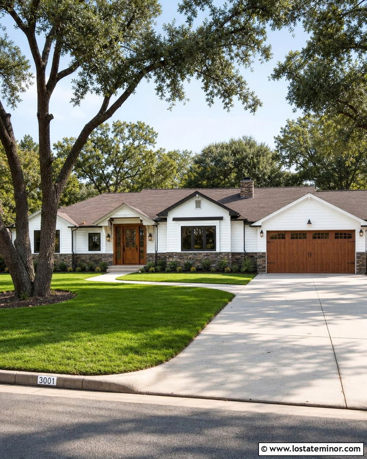 White Ranch House With Brown Stone Wainscoting - 30 Stone House Design With Wainscoting Ideas