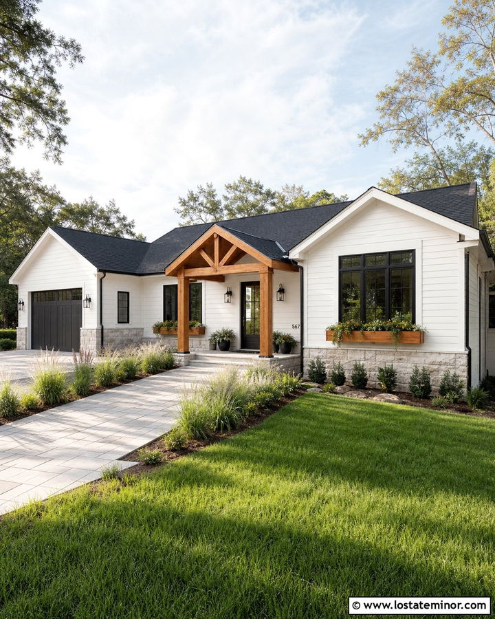 White Ranch House With Cedar Awning - 30 White House Design With Awning Ideas