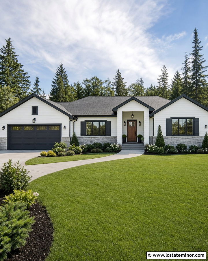 White Ranch House With Charcoal Gray Trim - 30 White House Design With Trim Ideas