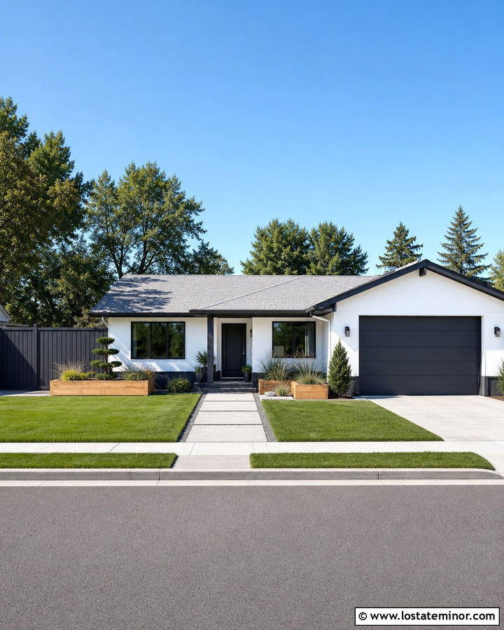 White Ranch House With Charcoal Privacy Fence - 30 White House Design With Fence Ideas