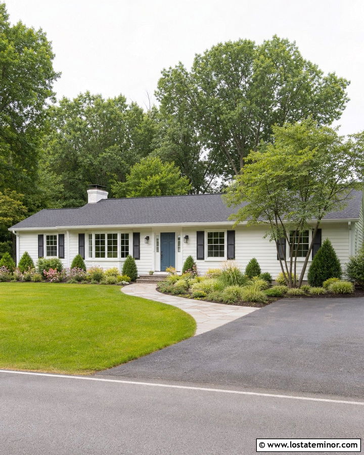 White Ranch House With Curved Garden Beds - 30 White House Design With Front Yard Ideas
