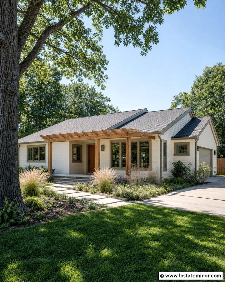 White Ranch House With Front Pergola - 30 White House Design With Pergola Ideas
