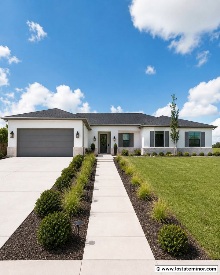 White Ranch House With Gray Garage Door - 30 White House Design With Garage Door Ideas