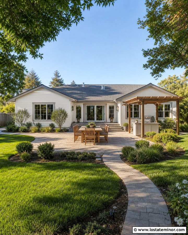 White Ranch House With Paver Backyard Patio - 30 White House Design With Backyard Ideas