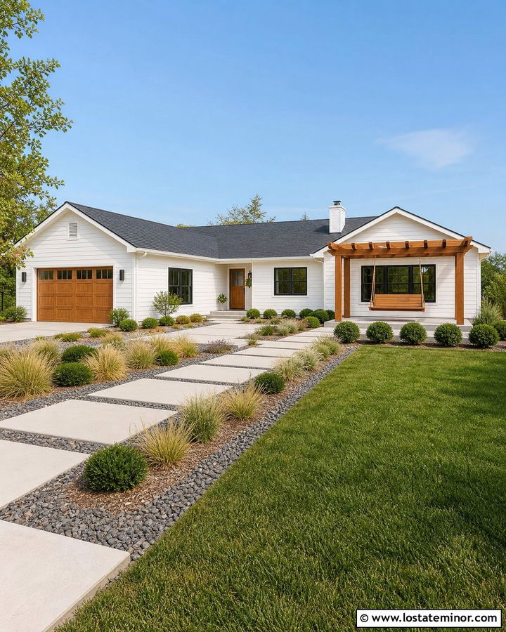 White Ranch House With Pergola Swing - 30 White House Design With Swing Ideas