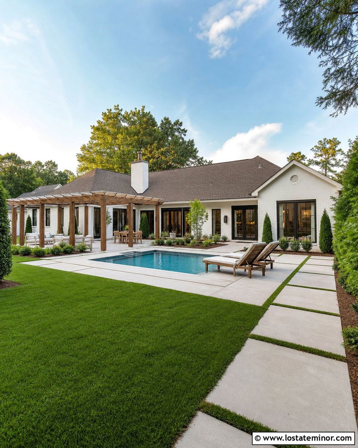 White Ranch House With Small Backyard Swimming Pool - 30 White House Design With Swimming Pool Ideas