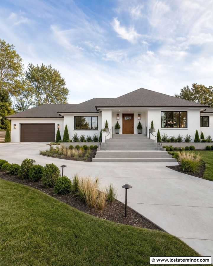 White Ranch House With Wide Concrete Steps - 30 White House Design With Steps Ideas