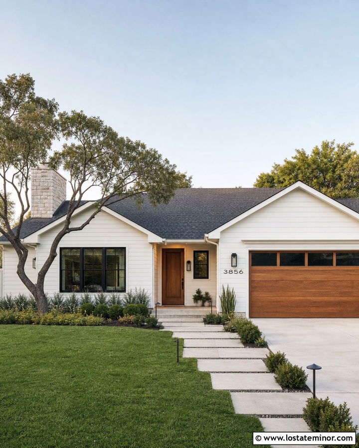 White Ranch Siding With A Wood Garage Door - 30 White House Design With Siding Ideas