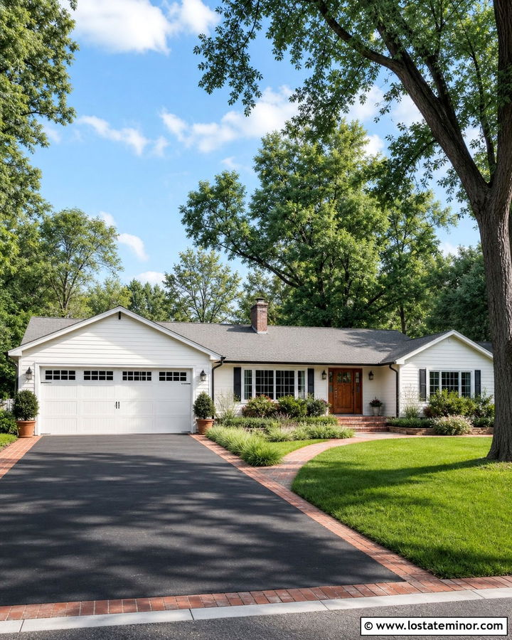 White Ranch With Asphalt And Brick Driveway - 30 White House Design With Driveway Ideas