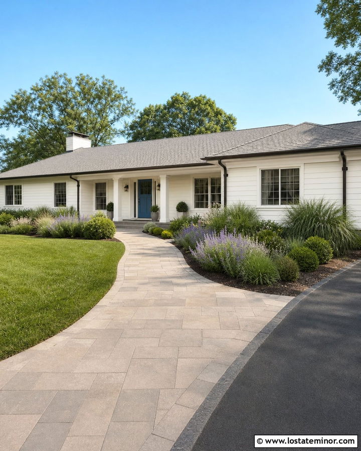 White Ranch With Curved Paver Walkway - 30 White House Design With Walkway Ideas