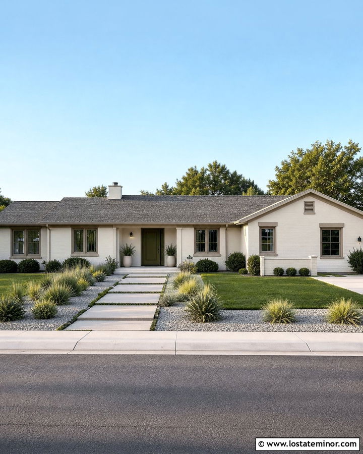 White Ranch With Low Maintenance Walkway - 30 White House Design With Walkway Ideas